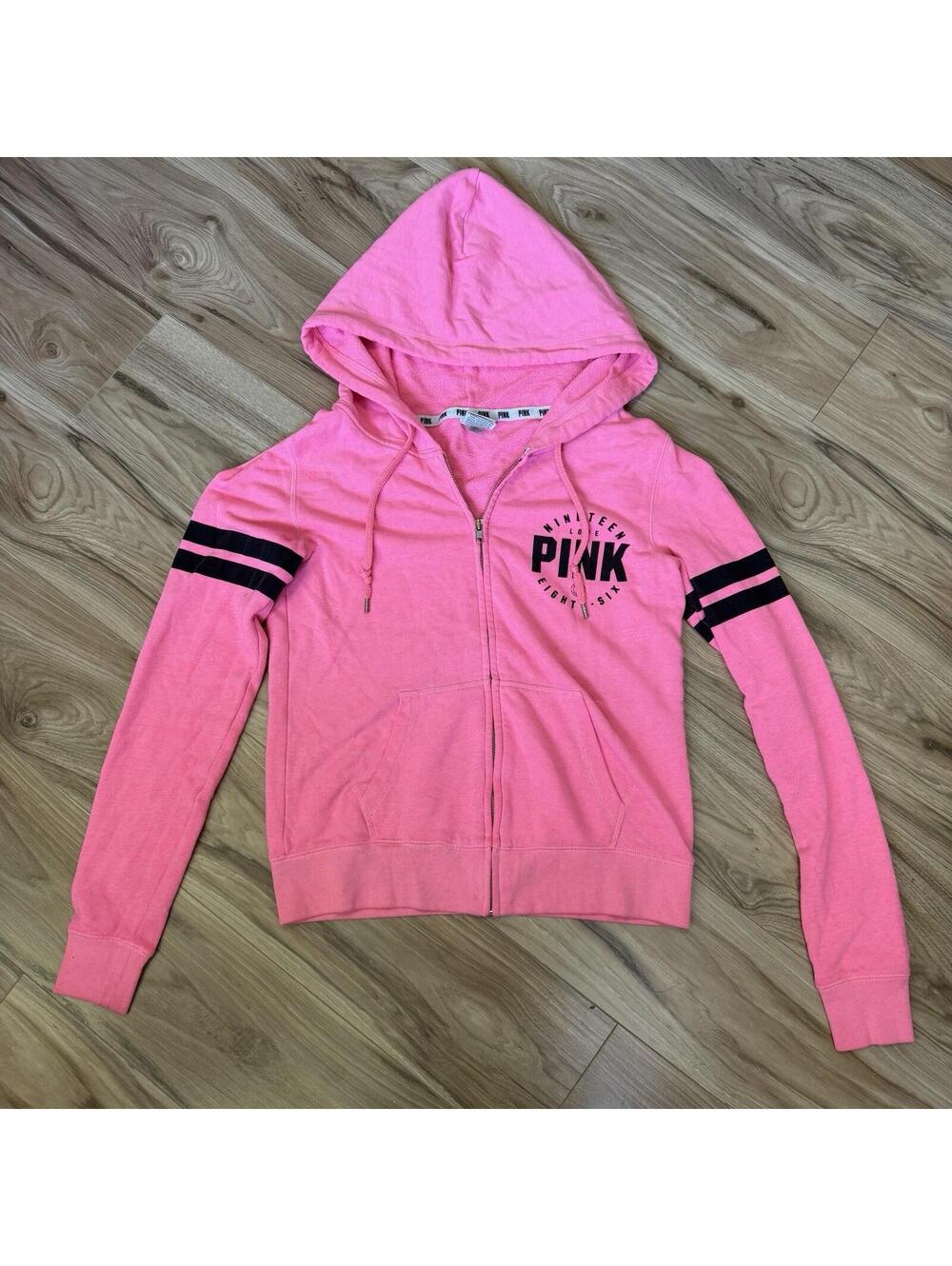 VS PINK Zip Up Hoodie Size S Neon Pink Varsity Stripe Graphic 2014 Y2K